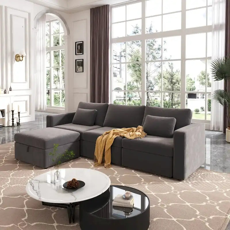 Canapé Sectionnel Moderne en Lin et Coton Forme L, Canapé Sectionnel Rembourré Surdimensionné, Méridienne avec Poufs de Rangement pour Salon