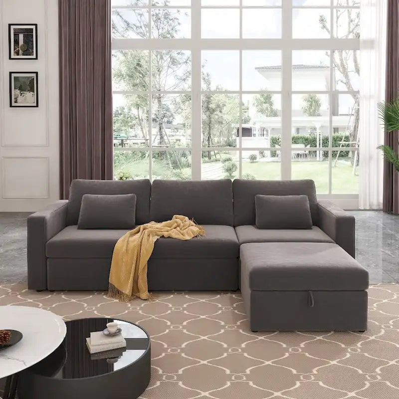 Canapé Sectionnel Moderne en Lin et Coton Forme L, Canapé Sectionnel Rembourré Surdimensionné, Méridienne avec Poufs de Rangement pour Salon