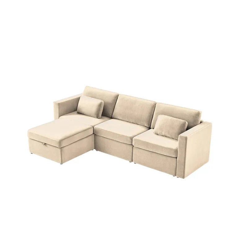 Canapé Sectionnel Moderne en Lin et Coton Forme L, Canapé Sectionnel Rembourré Surdimensionné, Méridienne avec Poufs de Rangement pour Salon