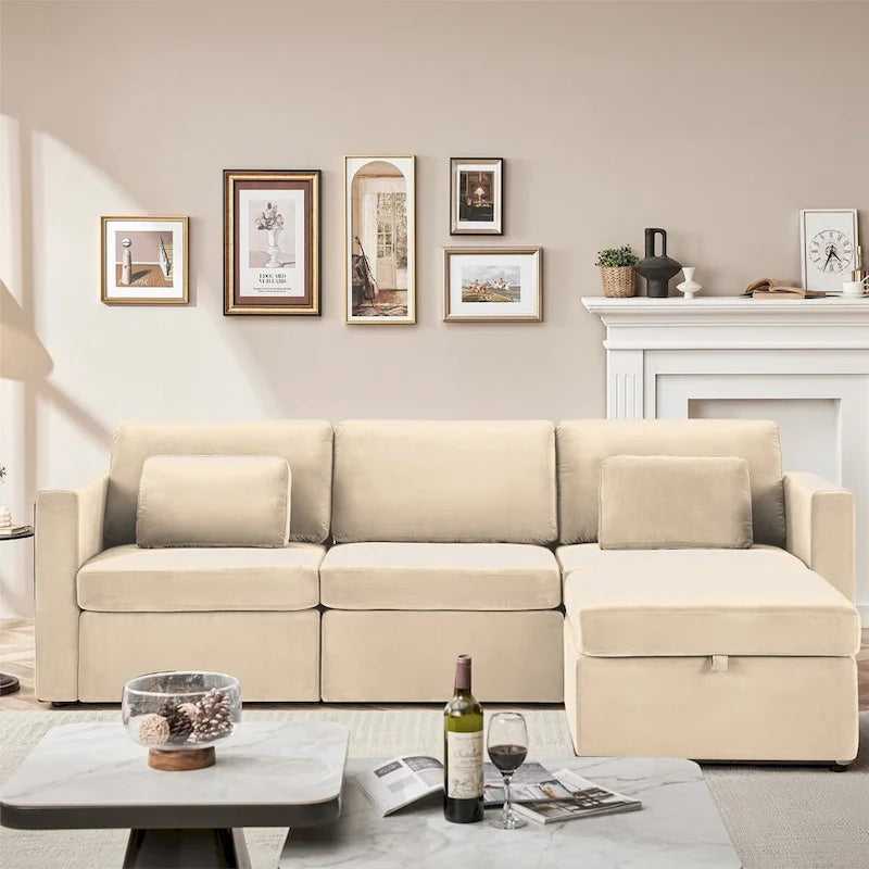 Canapé Sectionnel Moderne en Lin et Coton Forme L, Canapé Sectionnel Rembourré Surdimensionné, Méridienne avec Poufs de Rangement pour Salon