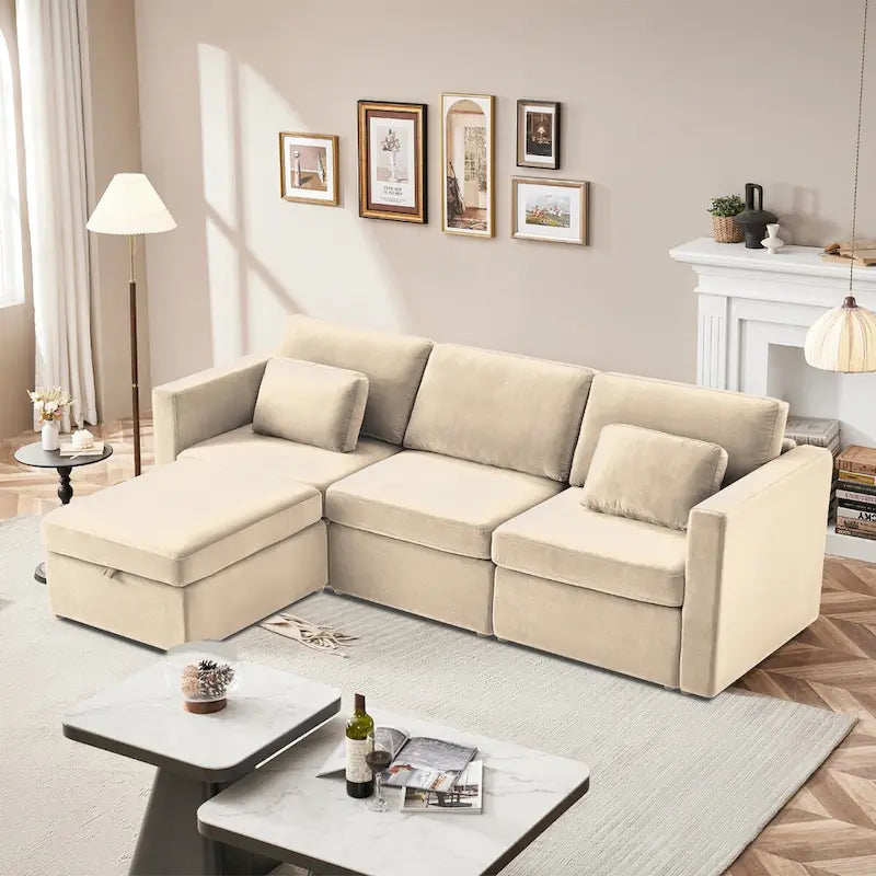 Canapé Sectionnel Moderne en Lin et Coton Forme L, Canapé Sectionnel Rembourré Surdimensionné, Méridienne avec Poufs de Rangement pour Salon