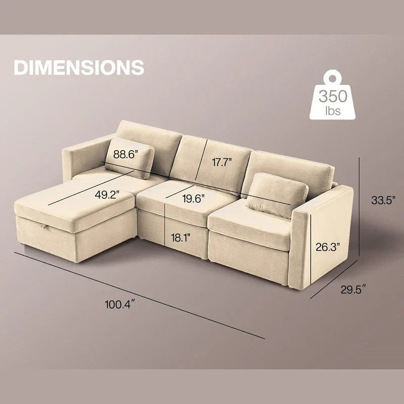 Canapé Sectionnel Moderne en Lin et Coton Forme L, Canapé Sectionnel Rembourré Surdimensionné, Méridienne avec Poufs de Rangement pour Salon