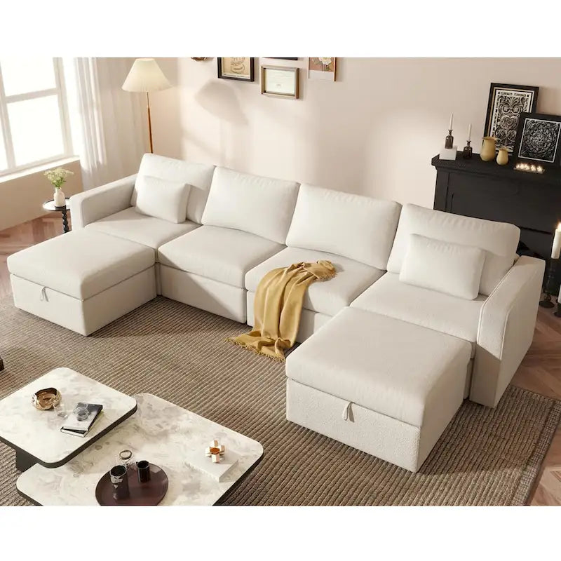 Canapé Sectionnel Moderne en Lin et Coton Forme L, Canapé Sectionnel Rembourré Surdimensionné, Méridienne avec Poufs de Rangement pour Salon