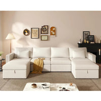 Canapé Sectionnel Moderne en Lin et Coton Forme L, Canapé Sectionnel Rembourré Surdimensionné, Méridienne avec Poufs de Rangement pour Salon