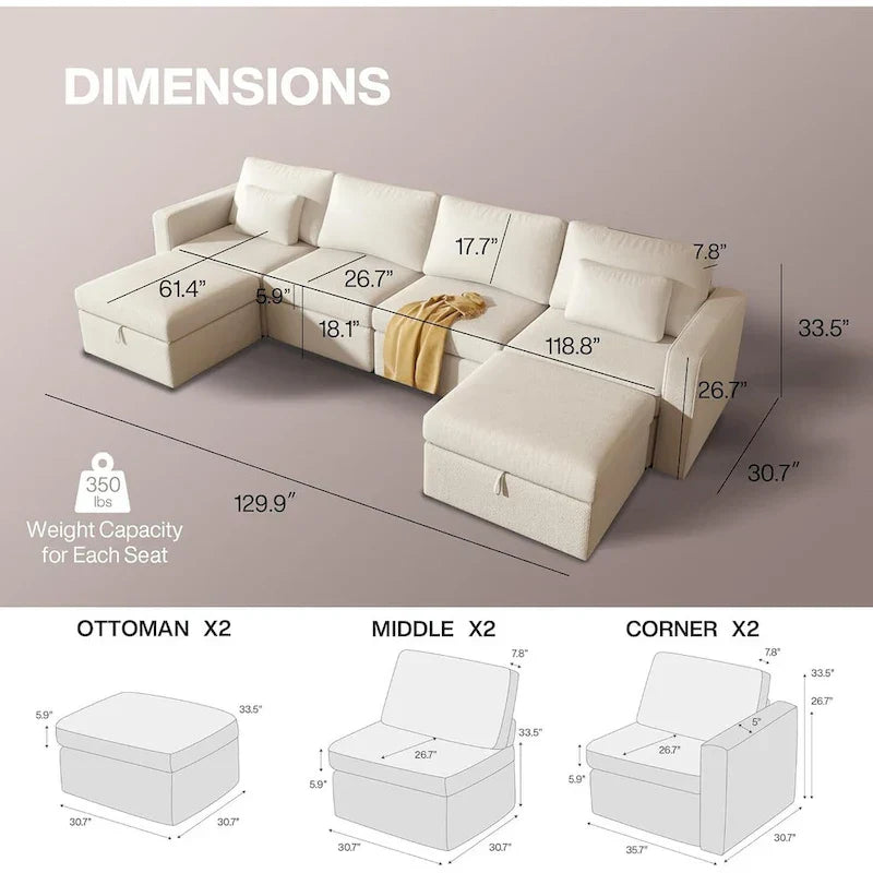 Canapé Sectionnel Moderne en Lin et Coton Forme L, Canapé Sectionnel Rembourré Surdimensionné, Méridienne avec Poufs de Rangement pour Salon