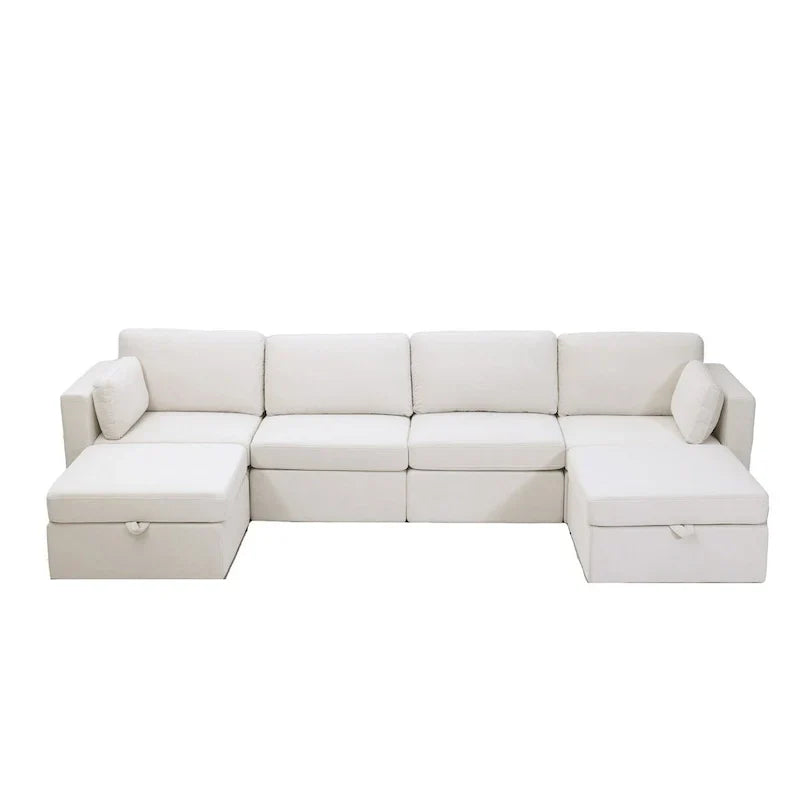Canapé Sectionnel Moderne en Lin et Coton Forme L, Canapé Sectionnel Rembourré Surdimensionné, Méridienne avec Poufs de Rangement pour Salon
