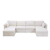 Canapé Sectionnel Moderne en Lin et Coton Forme L, Canapé Sectionnel Rembourré Surdimensionné, Méridienne avec Poufs de Rangement pour Salon