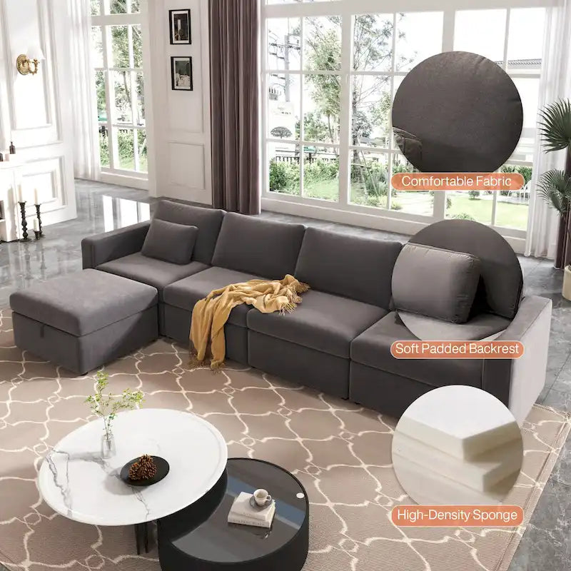 Canapé Sectionnel Moderne en Lin et Coton Forme L, Canapé Sectionnel Rembourré Surdimensionné, Méridienne avec Poufs de Rangement pour Salon