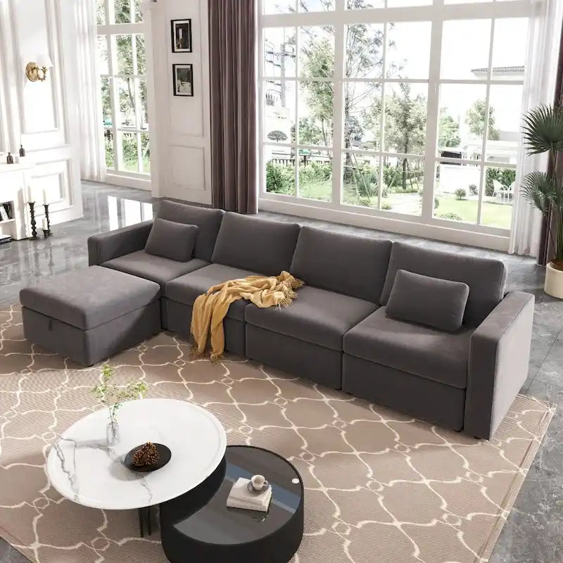 Canapé Sectionnel Moderne en Lin et Coton Forme L, Canapé Sectionnel Rembourré Surdimensionné, Méridienne avec Poufs de Rangement pour Salon