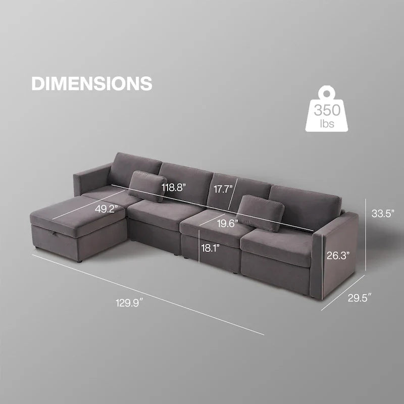 Canapé Sectionnel Moderne en Lin et Coton Forme L, Canapé Sectionnel Rembourré Surdimensionné, Méridienne avec Poufs de Rangement pour Salon