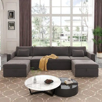 Canapé Sectionnel Moderne en Lin et Coton Forme L, Canapé Sectionnel Rembourré Surdimensionné, Méridienne avec Poufs de Rangement pour Salon