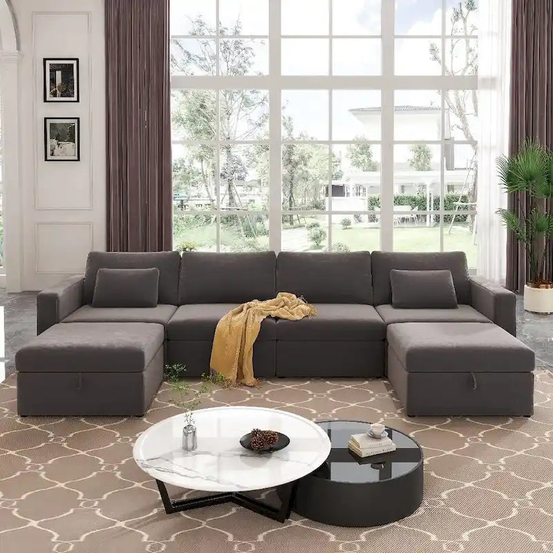 Canapé Sectionnel Moderne en Lin et Coton Forme L, Canapé Sectionnel Rembourré Surdimensionné, Méridienne avec Poufs de Rangement pour Salon