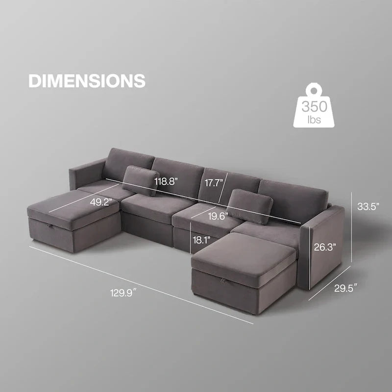 Canapé Sectionnel Moderne en Lin et Coton Forme L, Canapé Sectionnel Rembourré Surdimensionné, Méridienne avec Poufs de Rangement pour Salon