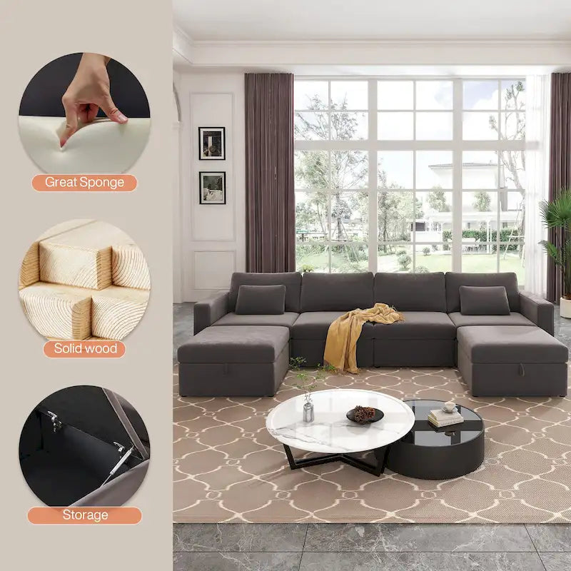 Canapé Sectionnel Moderne en Lin et Coton Forme L, Canapé Sectionnel Rembourré Surdimensionné, Méridienne avec Poufs de Rangement pour Salon