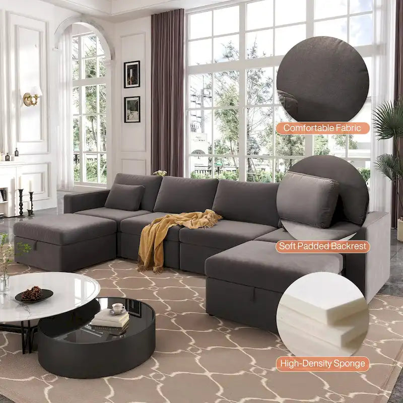 Canapé Sectionnel Moderne en Lin et Coton Forme L, Canapé Sectionnel Rembourré Surdimensionné, Méridienne avec Poufs de Rangement pour Salon