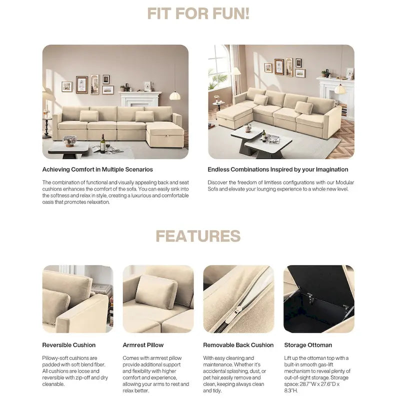 Canapé Sectionnel Moderne en Lin et Coton Forme L, Canapé Sectionnel Rembourré Surdimensionné, Méridienne avec Poufs de Rangement pour Salon