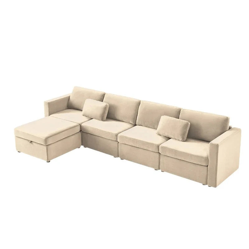 Canapé Sectionnel Moderne en Lin et Coton Forme L, Canapé Sectionnel Rembourré Surdimensionné, Méridienne avec Poufs de Rangement pour Salon