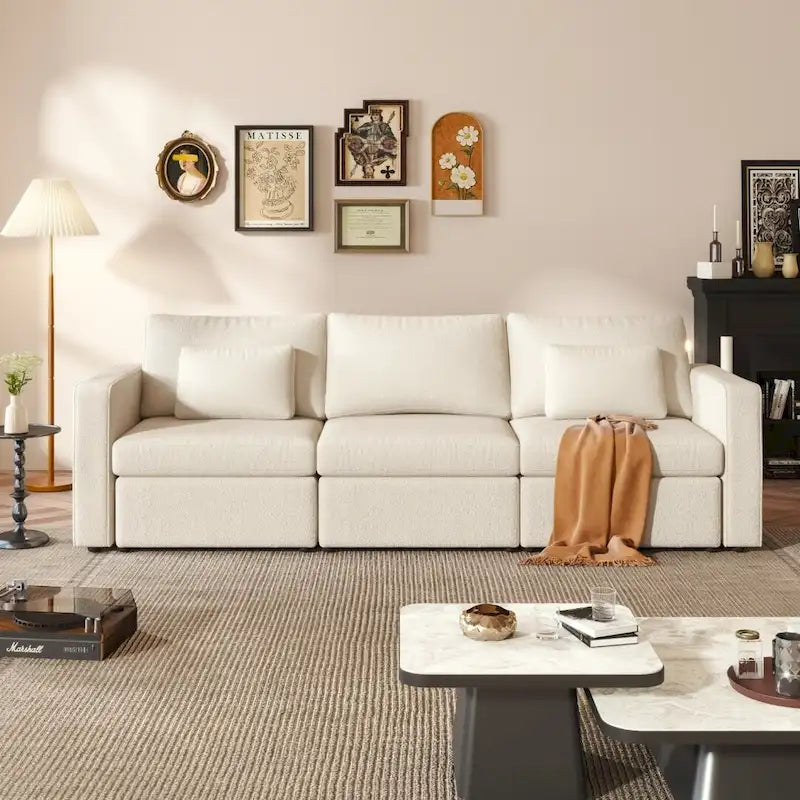 Canapé Sectionnel Moderne en Lin et Coton Forme L, Canapé Sectionnel Rembourré Surdimensionné, Méridienne avec Poufs de Rangement pour Salon