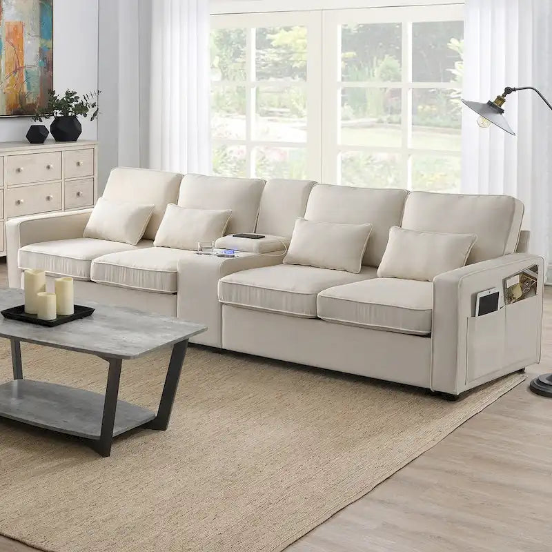 [VIDÉO fournie] [Nouveau] Canapé rembourré 114.2 avec console, 2 porte-gobelets et 2 ports USB avec recharge filaire ou sans fil, style moderne Li