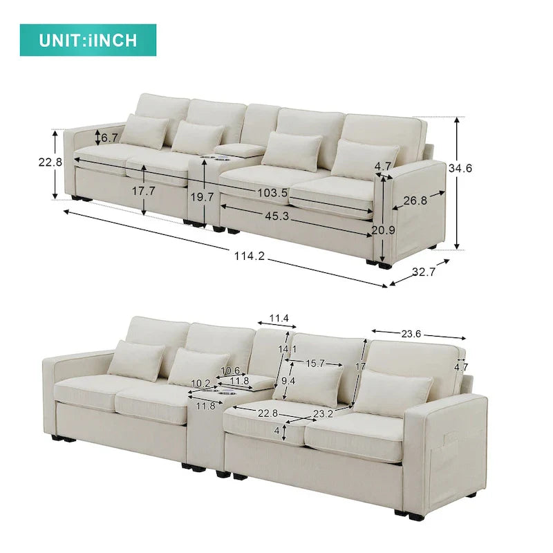 [VIDÉO fournie] [Nouveau] Canapé rembourré 114.2 avec console, 2 porte-gobelets et 2 ports USB avec recharge filaire ou sans fil, style moderne Li