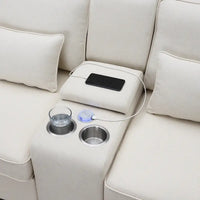 [VIDÉO fournie] [Nouveau] Canapé rembourré 114.2 avec console, 2 porte-gobelets et 2 ports USB avec recharge filaire ou sans fil, style moderne Li