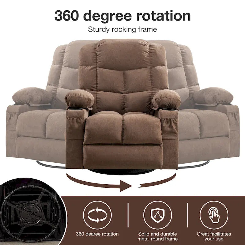 Fauteuil inclinable à bascule de massage pour adultes surdimensionné avec 2 porte-gobelets, port de charge USB, doux, doté d'un mas manuel