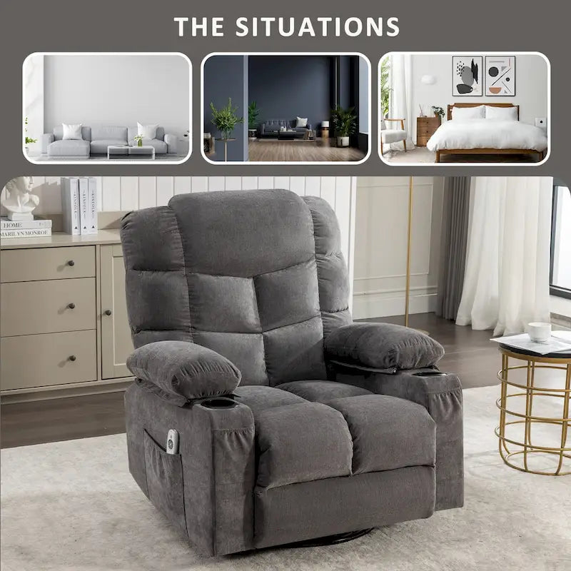 Fauteuil inclinable à bascule de massage pour adultes surdimensionné avec 2 porte-gobelets, port de charge USB, doux, doté d'un mas manuel