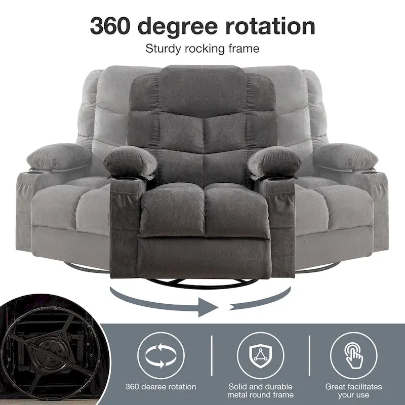 Fauteuil inclinable à bascule de massage pour adultes surdimensionné avec 2 porte-gobelets, port de charge USB, doux, doté d'un mas manuel