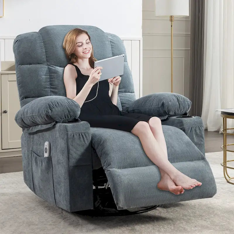 Fauteuil inclinable à bascule de massage pour adultes surdimensionné avec 2 porte-gobelets, port de charge USB, doux, doté d'un mas manuel