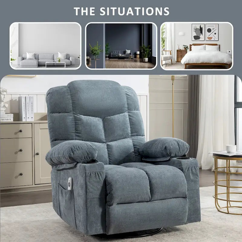 Fauteuil inclinable à bascule de massage pour adultes surdimensionné avec 2 porte-gobelets, port de charge USB, doux, doté d'un mas manuel