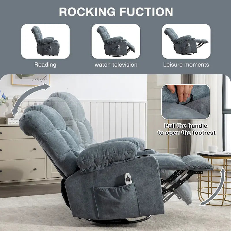 Fauteuil inclinable à bascule de massage pour adultes surdimensionné avec 2 porte-gobelets, port de charge USB, doux, doté d'un mas manuel