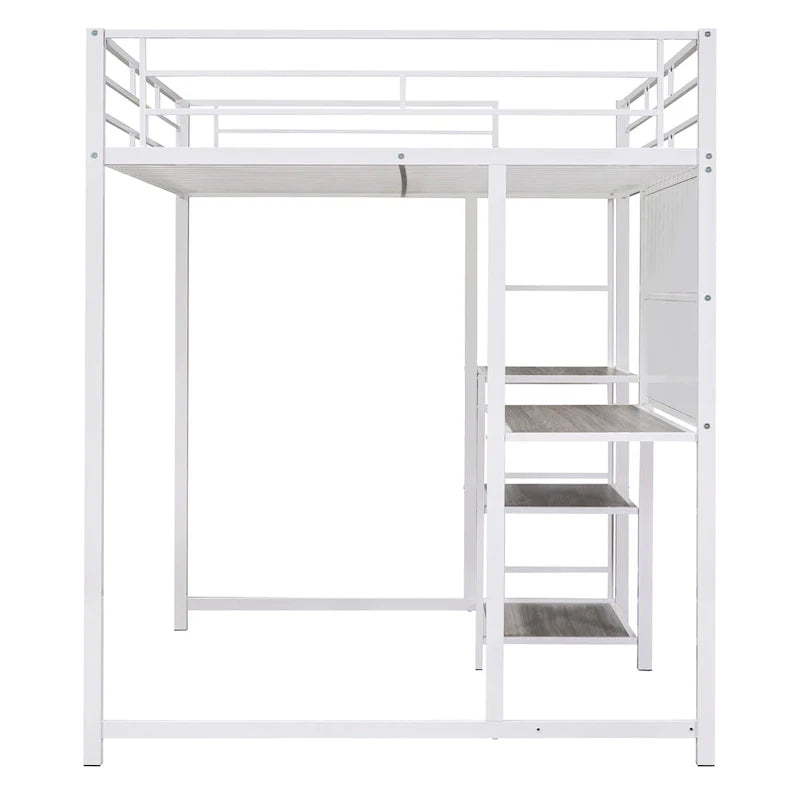 Lit mezzanine pleine grandeur avec bureau et tableau blanc, lit mezzanine en métal avec 3 étagères et échelle, noir