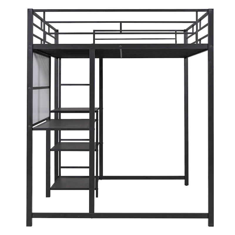 Lit mezzanine pleine grandeur avec bureau et tableau blanc, lit mezzanine en métal avec 3 étagères et échelle, noir