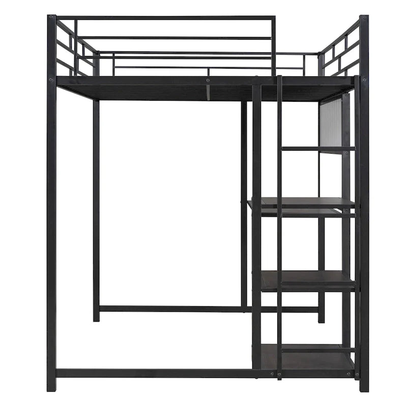 Lit mezzanine pleine grandeur avec bureau et tableau blanc, lit mezzanine en métal avec 3 étagères et échelle, noir