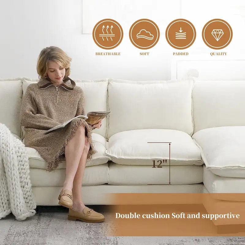 [VIDÉO fournie][Nouveau] Canapé nuage moderne en chenille en forme de L 118*55 avec doubles coussins d'assise, meuble d'intérieur rembourré 5 places, S