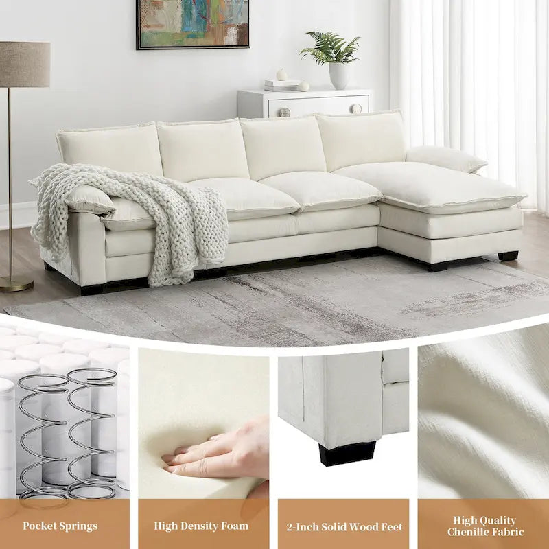 [VIDÉO fournie][Nouveau] Canapé nuage moderne en chenille en forme de L 118*55 avec doubles coussins d'assise, meuble d'intérieur rembourré 5 places, S