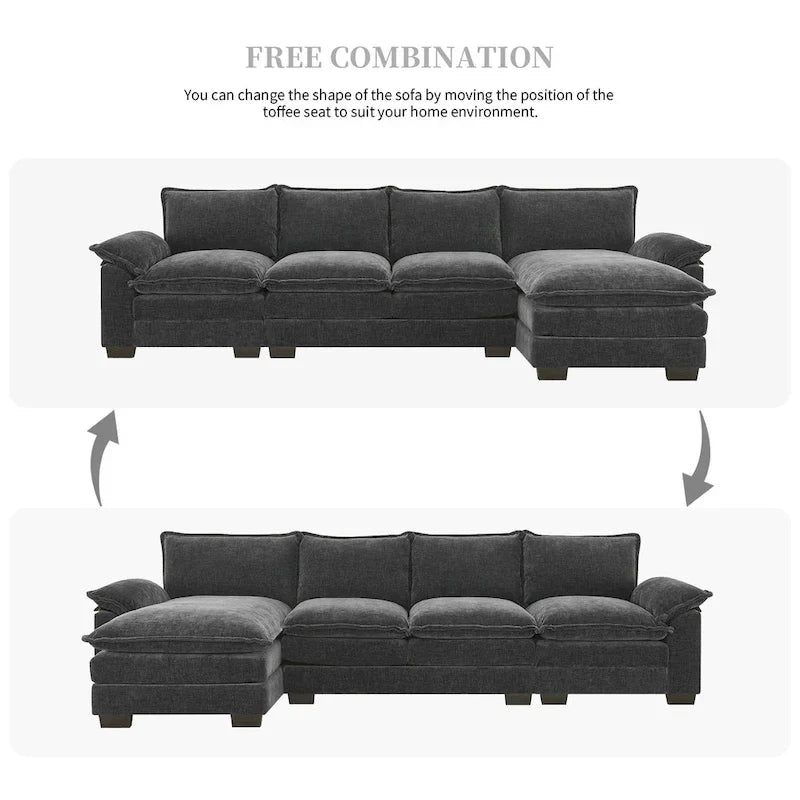 [VIDÉO fournie][Nouveau] Canapé nuage moderne en chenille en forme de L 118*55 avec doubles coussins d'assise, meuble d'intérieur rembourré 5 places, S