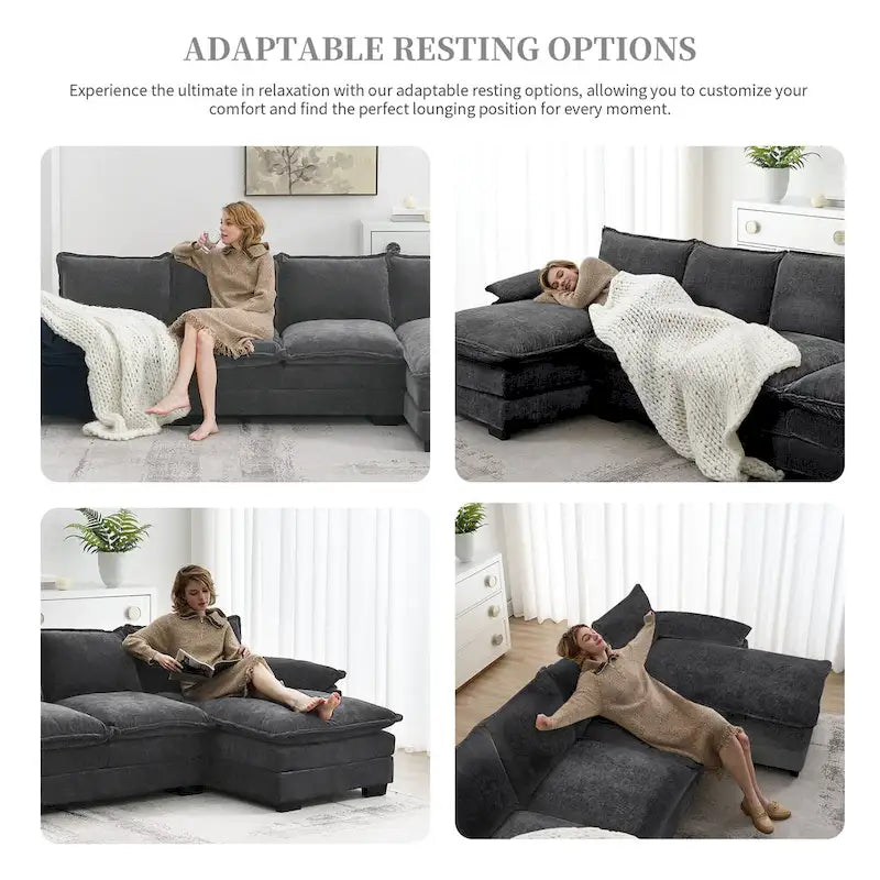 [VIDÉO fournie][Nouveau] Canapé nuage moderne en chenille en forme de L 118*55 avec doubles coussins d'assise, meuble d'intérieur rembourré 5 places, S