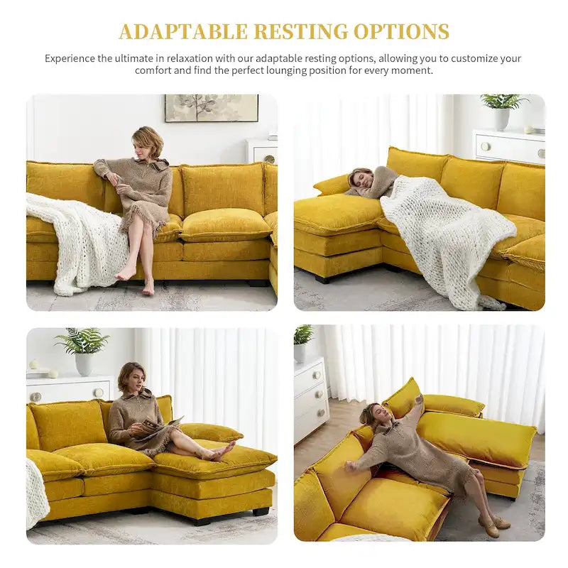 [VIDÉO fournie][Nouveau] Canapé nuage moderne en chenille en forme de L 118*55 avec doubles coussins d'assise, meuble d'intérieur rembourré 5 places, S