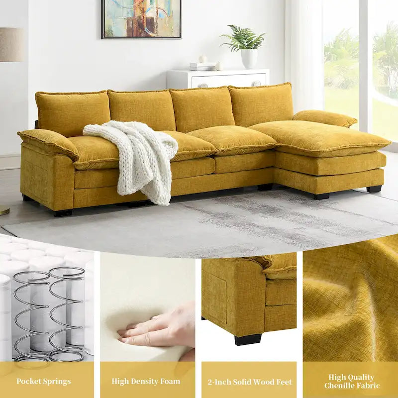 [VIDÉO fournie][Nouveau] Canapé nuage moderne en chenille en forme de L 118*55 avec doubles coussins d'assise, meuble d'intérieur rembourré 5 places, S