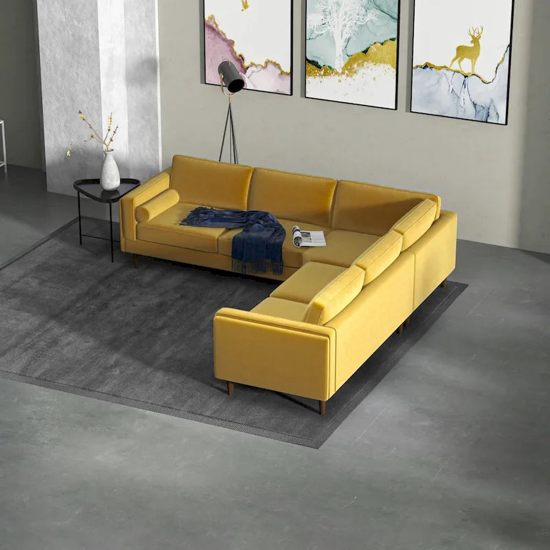 Canapé d'angle symétrique en velours doré Flavio Mid-Century avec coussins de dossier