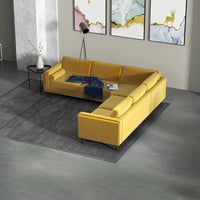 Canapé d'angle symétrique en velours doré Flavio Mid-Century avec coussins de dossier