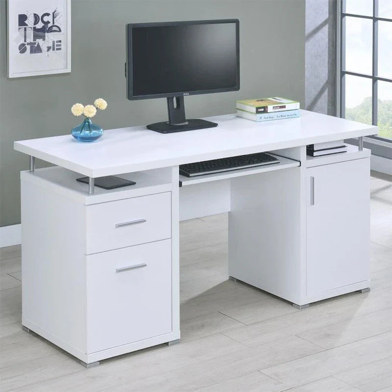 Bureau informatique avec 2 tiroirs et placard, blanc