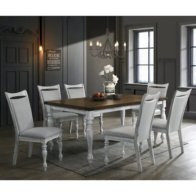 Ensemble de salle à manger 7 pièces Roundhill Furniture Salines avec 6 chaises rembourrées, blanc rustique et chêne