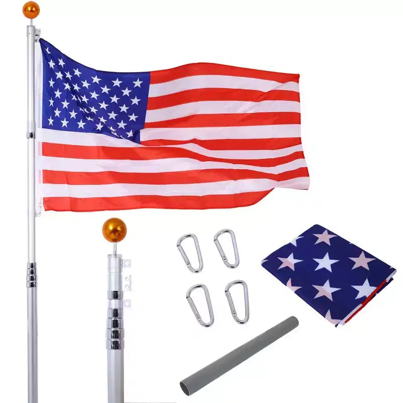 Kit de mât telescopique 25 pi, mâts en aluminium robustes reglables en hauteur avec drapeaux americains et boule de sommet, mât d'extérieur à planter au sol