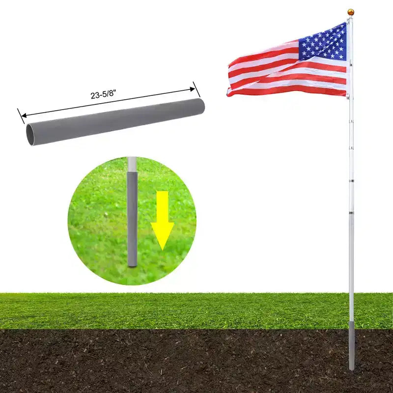 Kit de mât de drapeau télescopique de 7,6 m, mâts de drapeau en aluminium robuste réglables en hauteur avec drapeaux américains et boule supérieure, mât de drapeau extérieur à planter