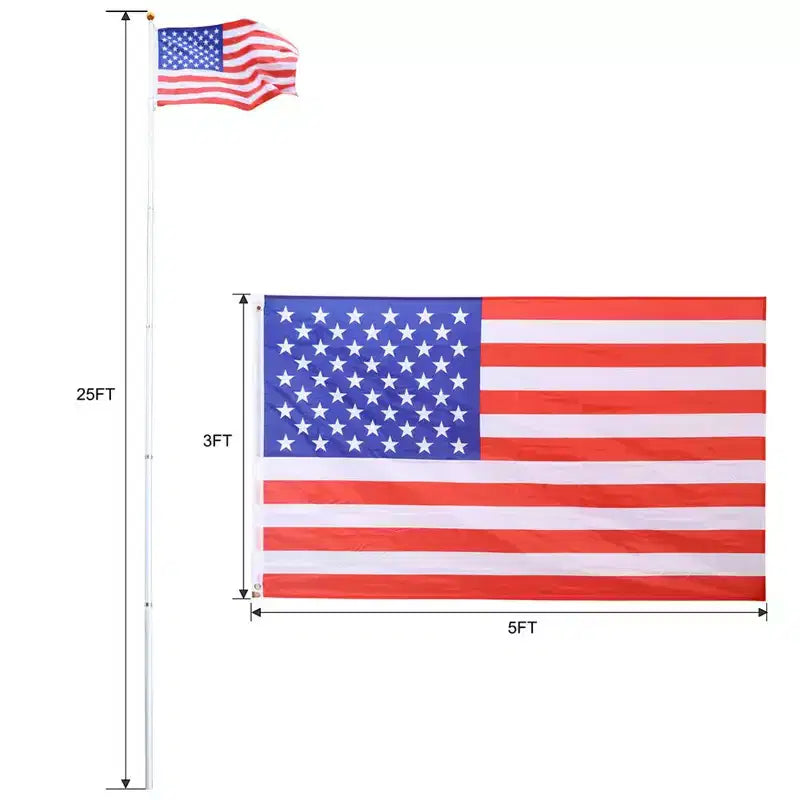 Kit de mât telescopique 25 pi, mâts en aluminium robustes reglables en hauteur avec drapeaux americains et boule de sommet, mât d'extérieur à planter au sol