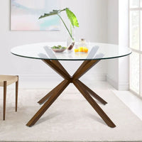 Table à manger ronde 39 pouces en verre avec pied en noyer - 39x30x27