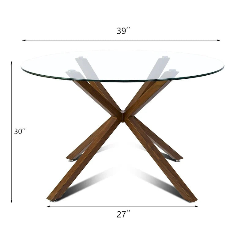 Table à manger ronde 39 pouces en verre avec pied en noyer - 39x30x27