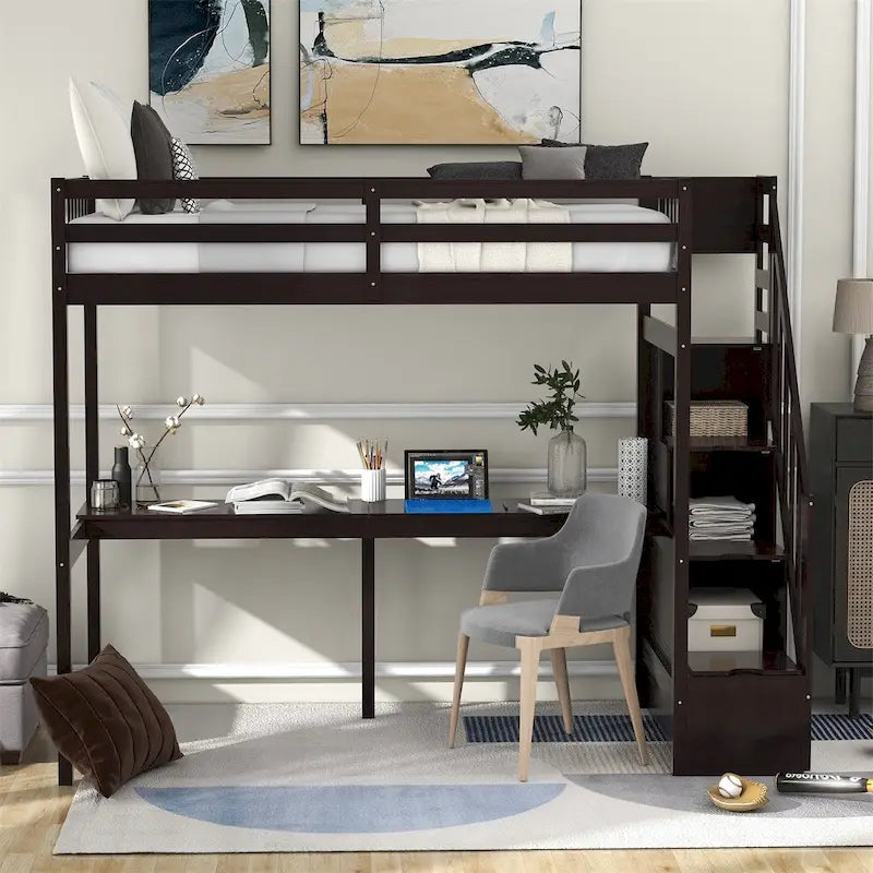 Lit mezzanine Merax taille jumeau avec escalier et bureau intégré